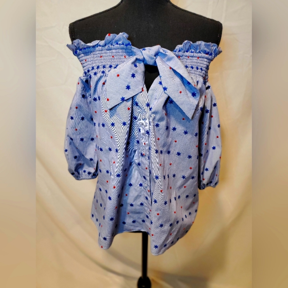 Parker off the shoulder front tie Blouse, Blue, Medium